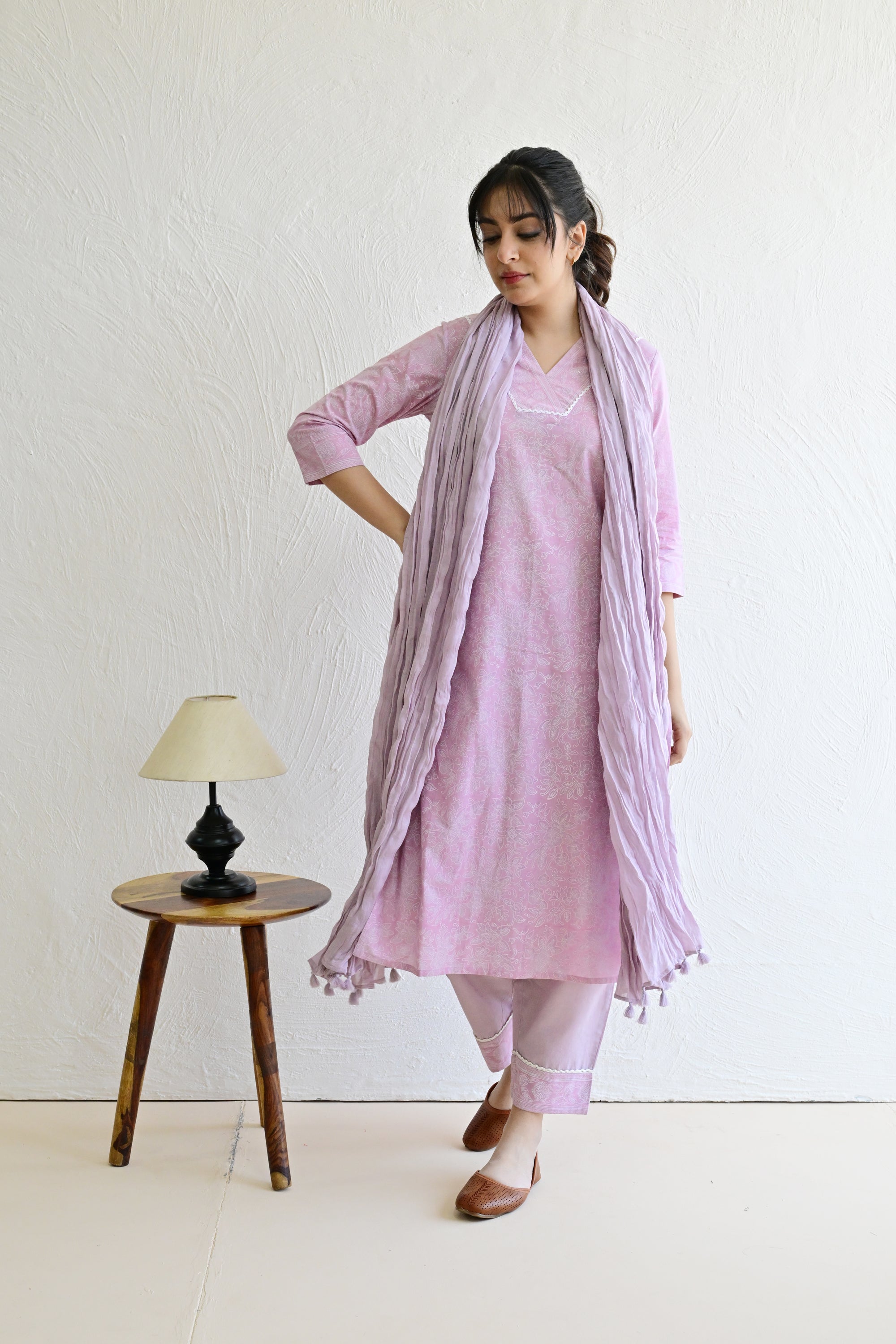 Light Purple Hand Block  Cotton kurta Pant Set With Mulmul Dupatta