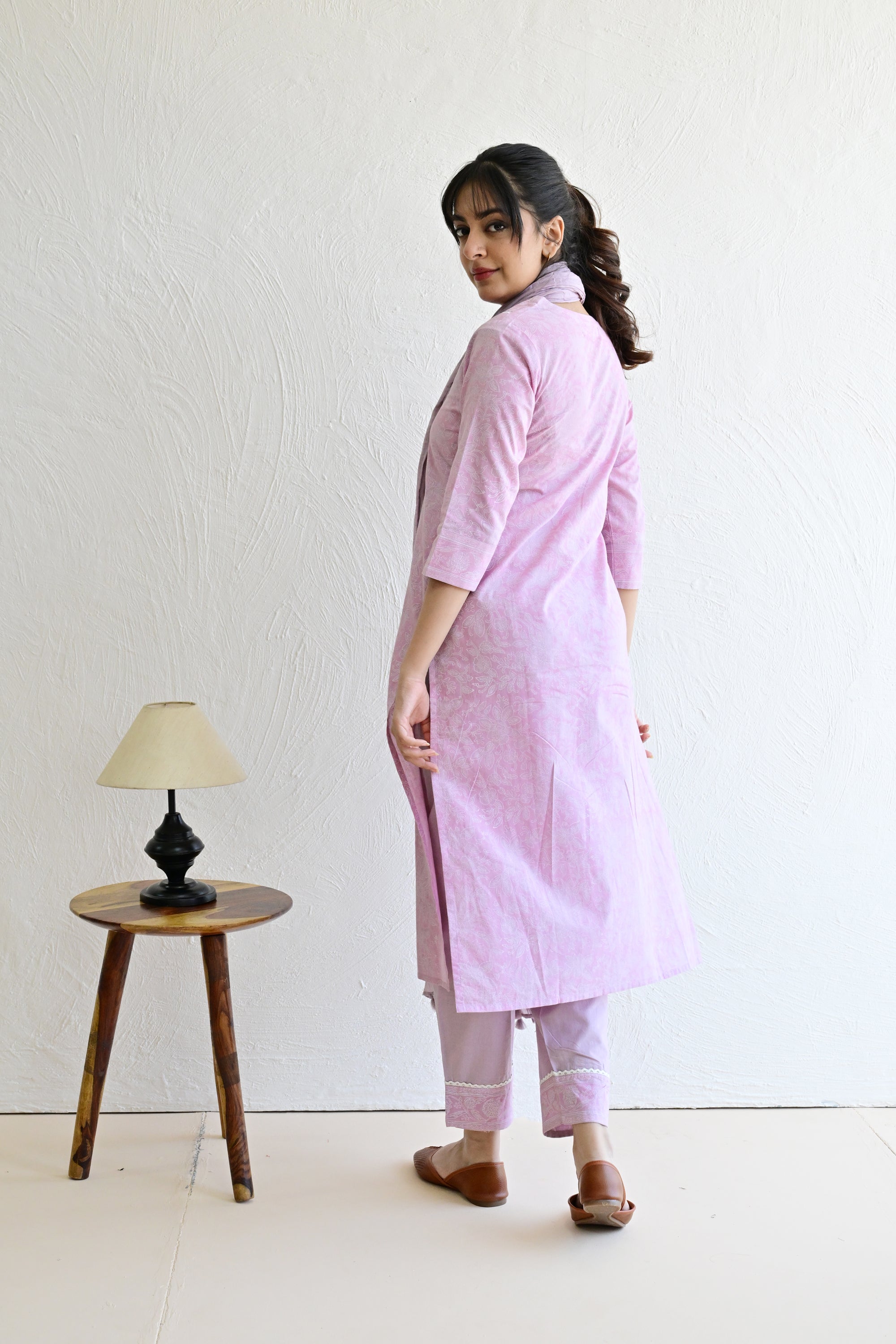 Light Purple Hand Block  Cotton kurta Pant Set With Mulmul Dupatta