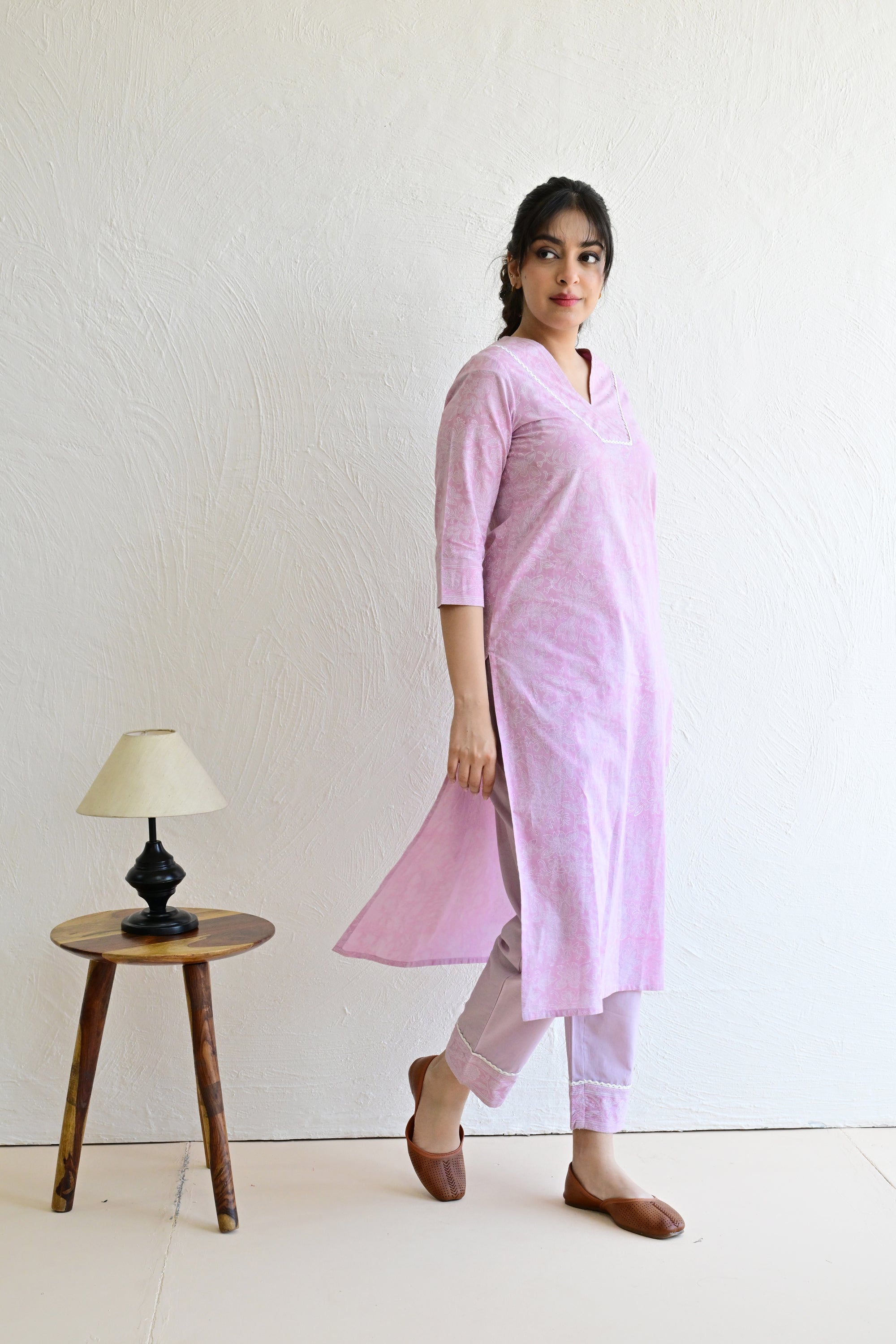 Light Purple Hand Block  Cotton kurta Pant Set With Mulmul Dupatta