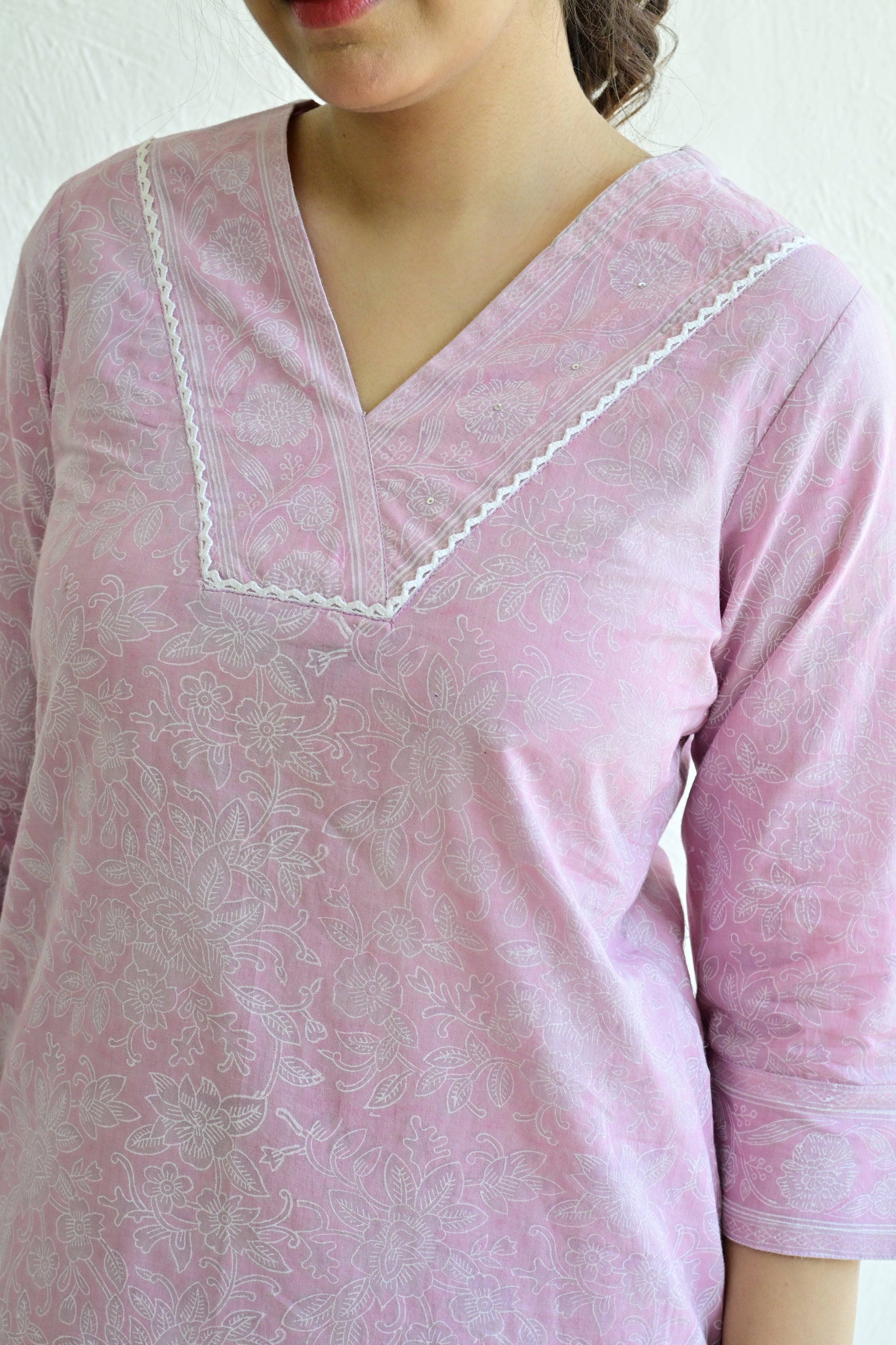 Light Purple Hand Block  Cotton kurta Pant Set With Mulmul Dupatta
