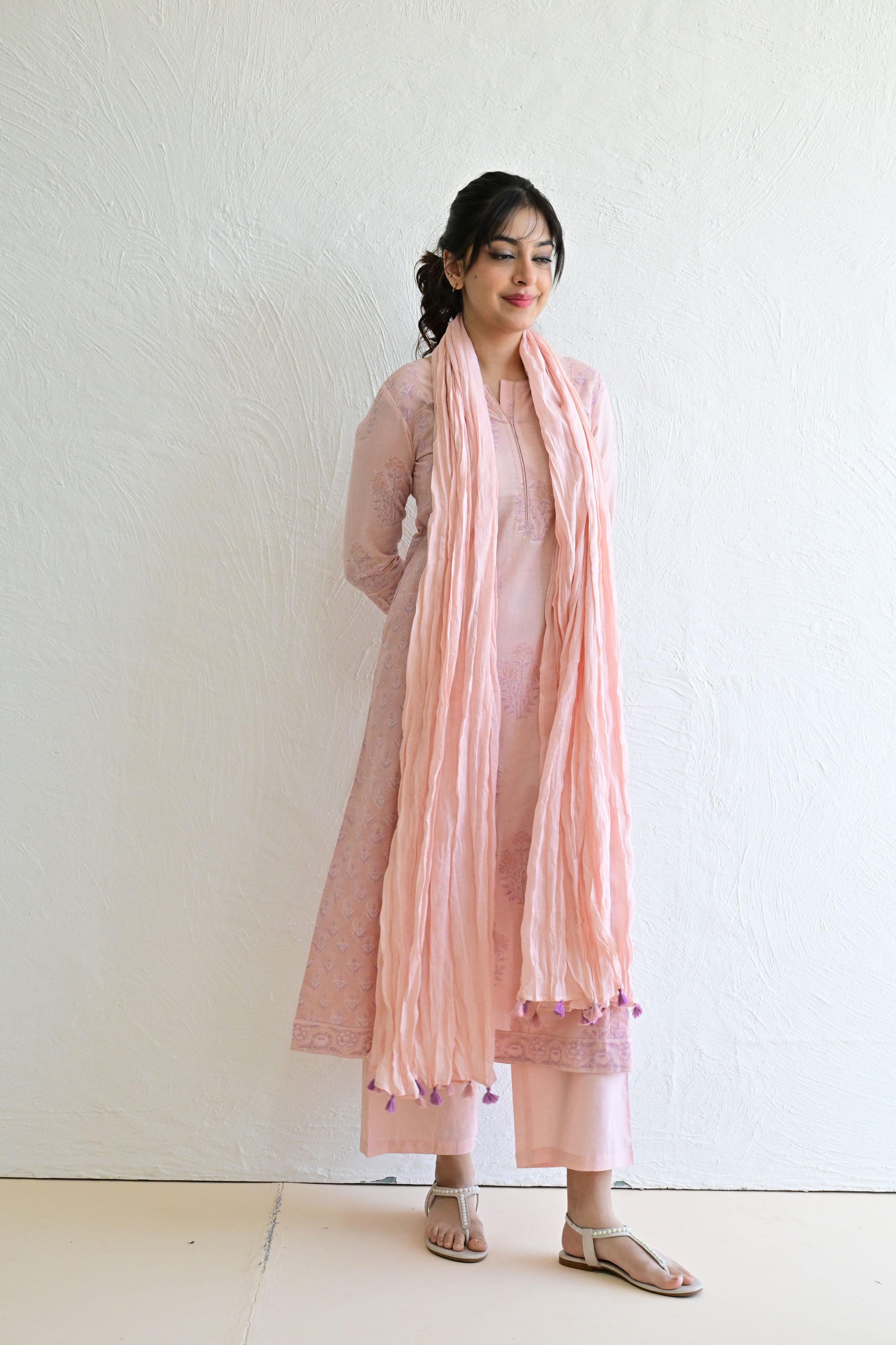 Peach Hand Block  Cotton kurta Palazzo  Set With Mulmul Dupatta
