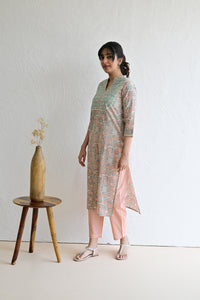 Peach & Light Green Hand Block  Cotton kurta Pant  Set With Mulmul Dupatta