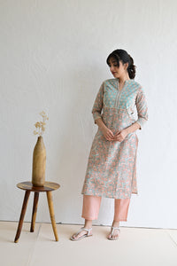 Peach & Light Green Hand Block  Cotton kurta Pant  Set With Mulmul Dupatta