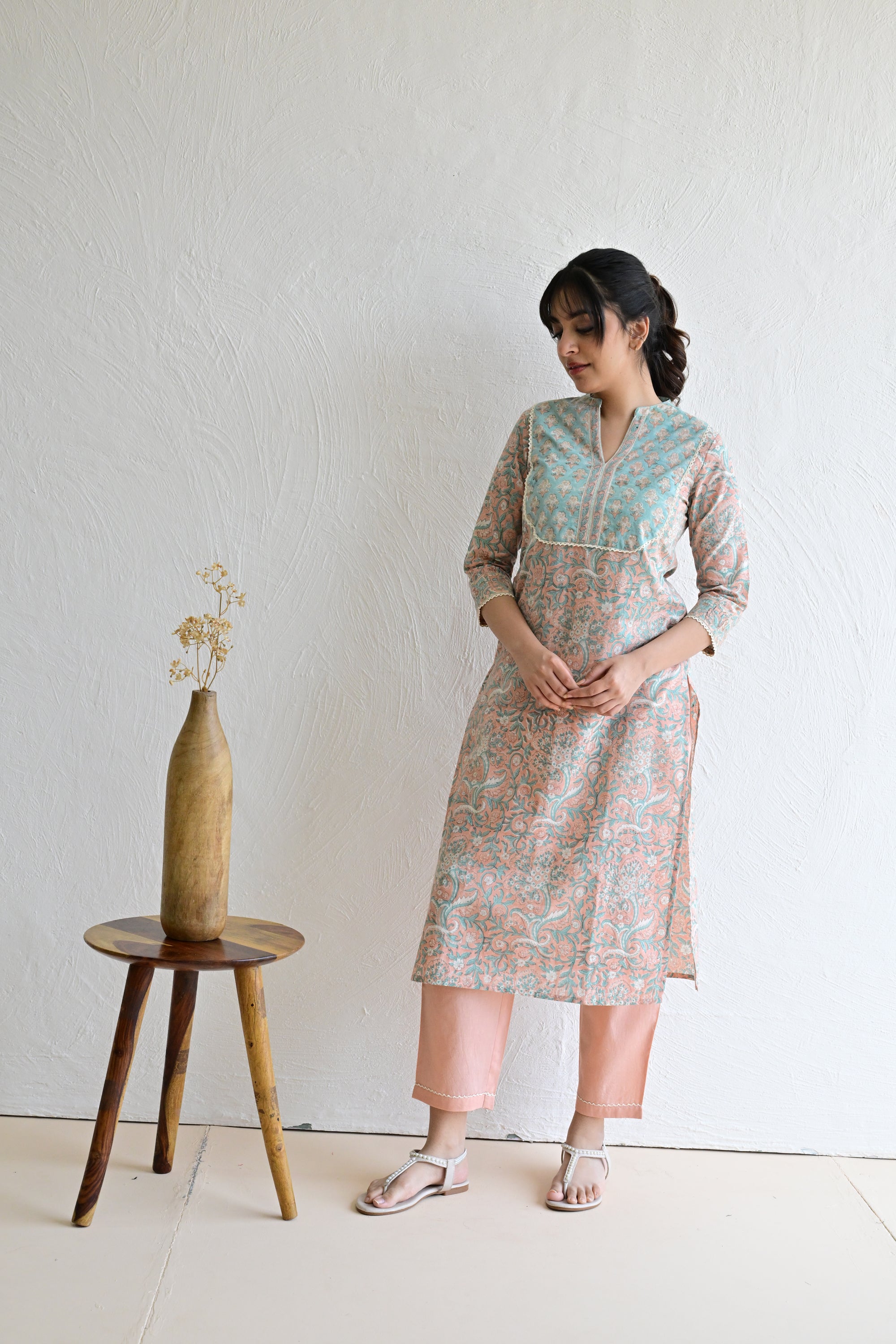 Peach & Light Green Hand Block  Cotton kurta Pant  Set With Mulmul Dupatta