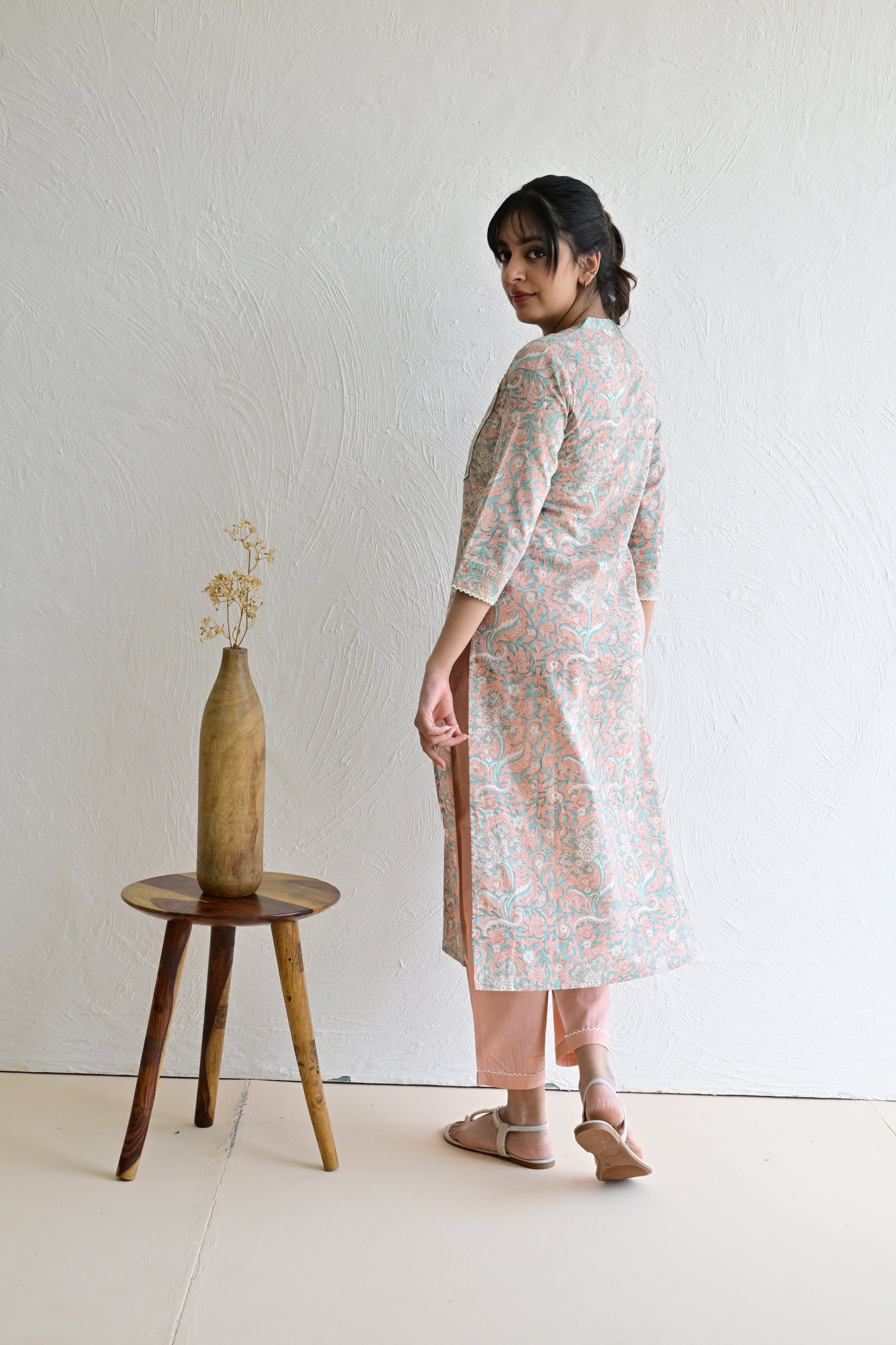 Peach & Light Green Hand Block  Cotton kurta Pant  Set With Mulmul Dupatta