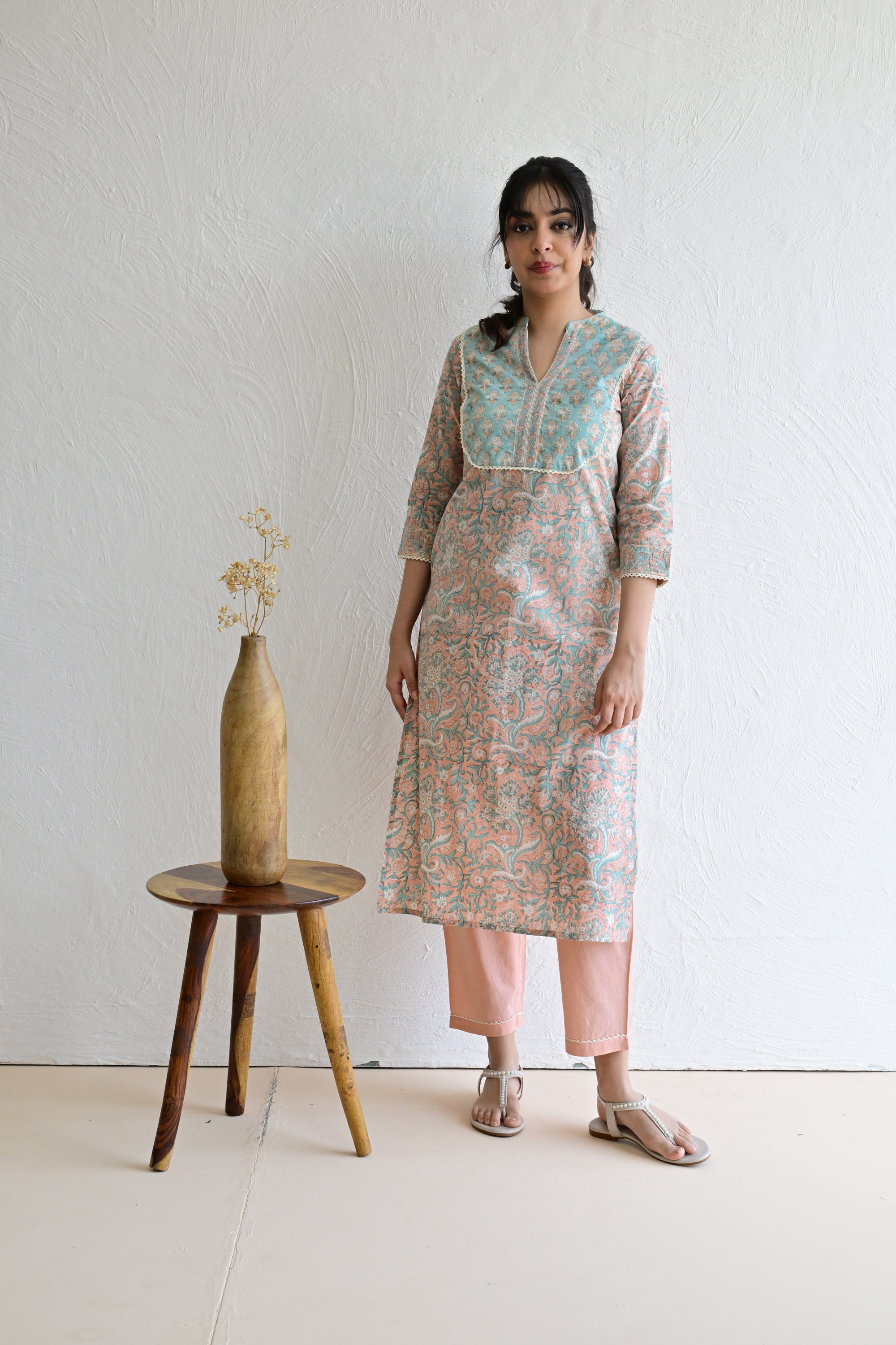 Peach & Light Green Hand Block  Cotton kurta Pant  Set With Mulmul Dupatta
