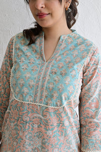 Peach & Light Green Hand Block  Cotton kurta Pant  Set With Mulmul Dupatta