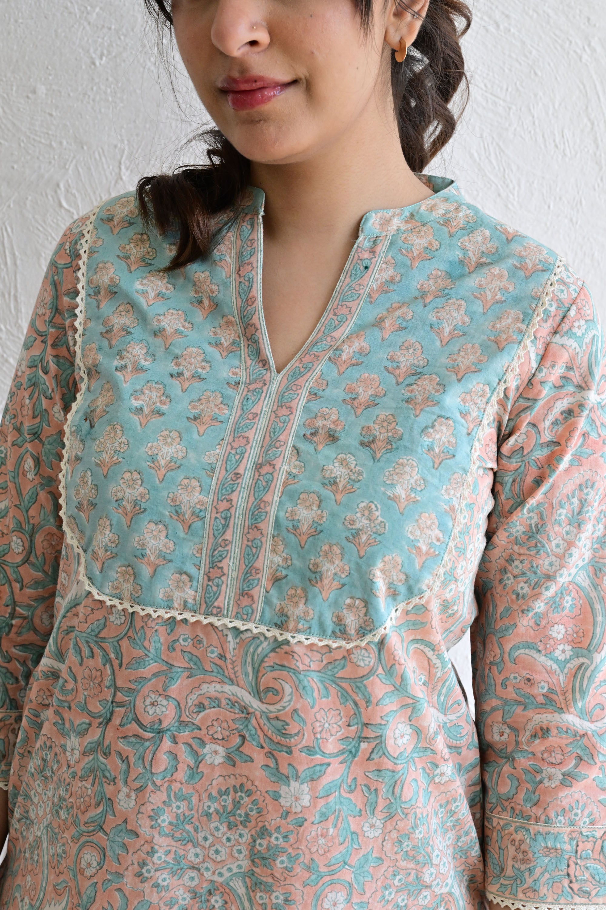 Peach & Light Green Hand Block  Cotton kurta Pant  Set With Mulmul Dupatta