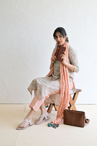Peach & Light Green Hand Block  Cotton kurta Pant  Set With Mulmul Dupatta