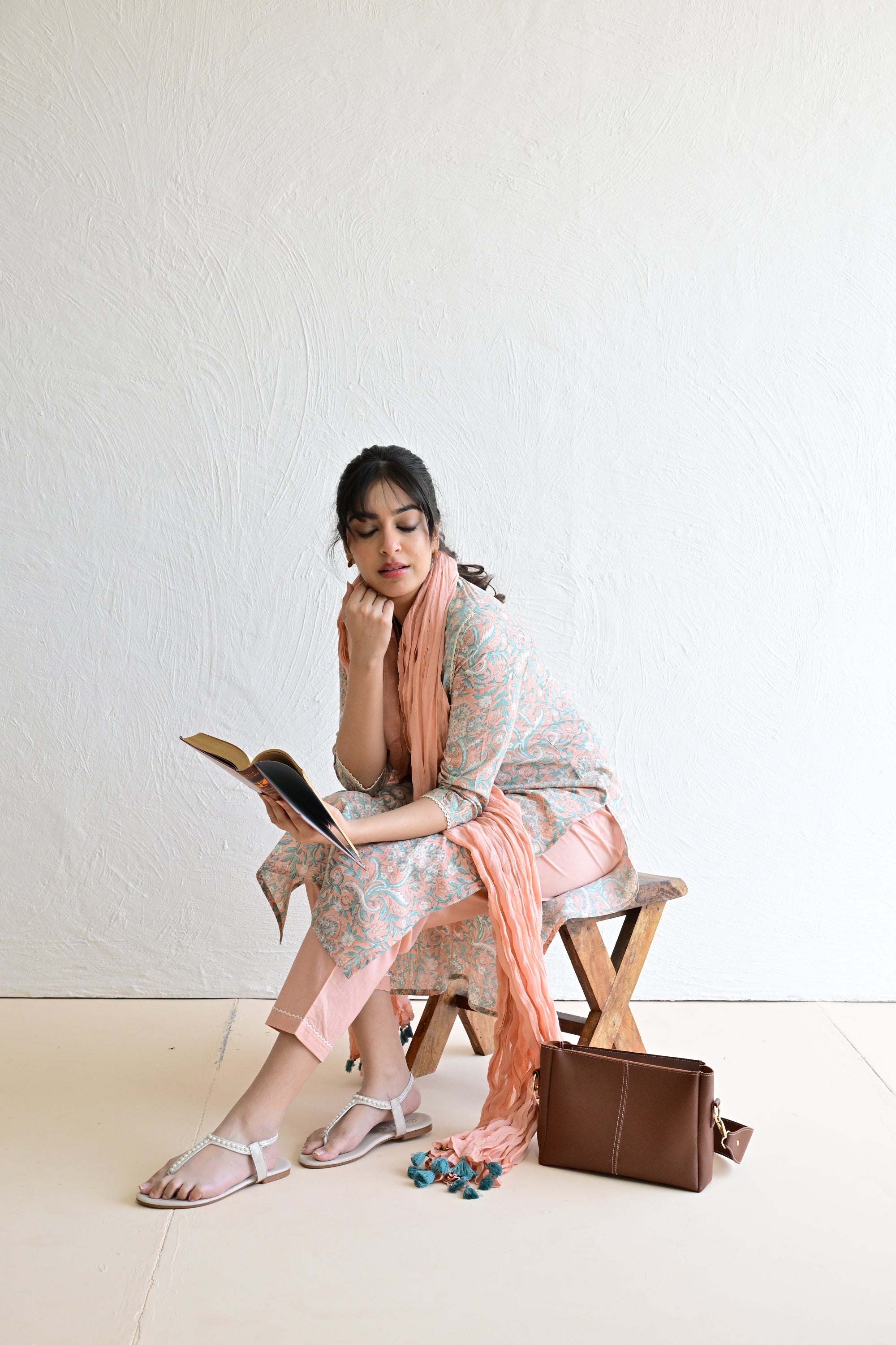 Peach & Light Green Hand Block  Cotton kurta Pant  Set With Mulmul Dupatta