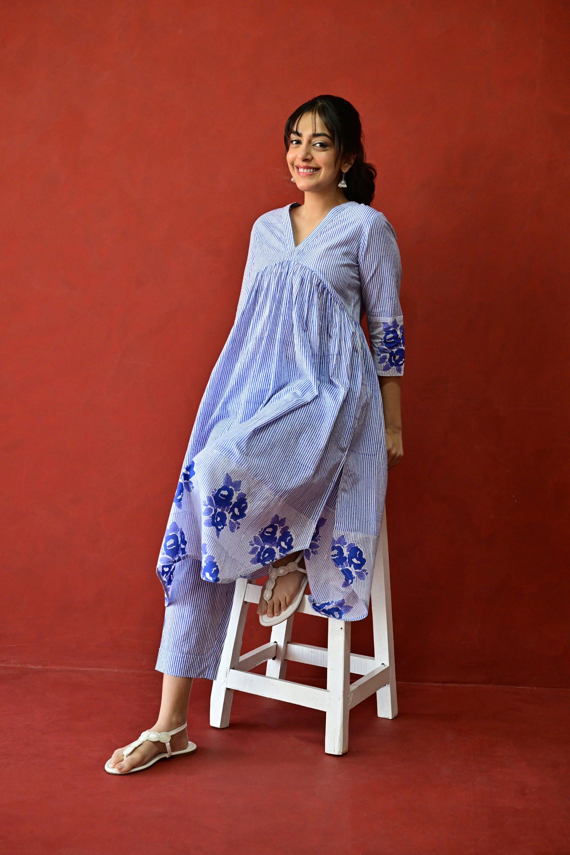 White & Blue Hand Block Printed Cotton Kurta Palazzo Set with Kota Doriya Dupatta