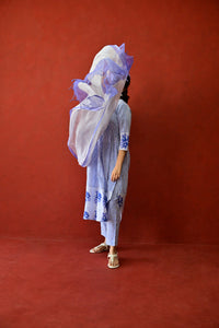 White & Blue Hand Block Printed Cotton Kurta Palazzo Set with Kota Doriya Dupatta