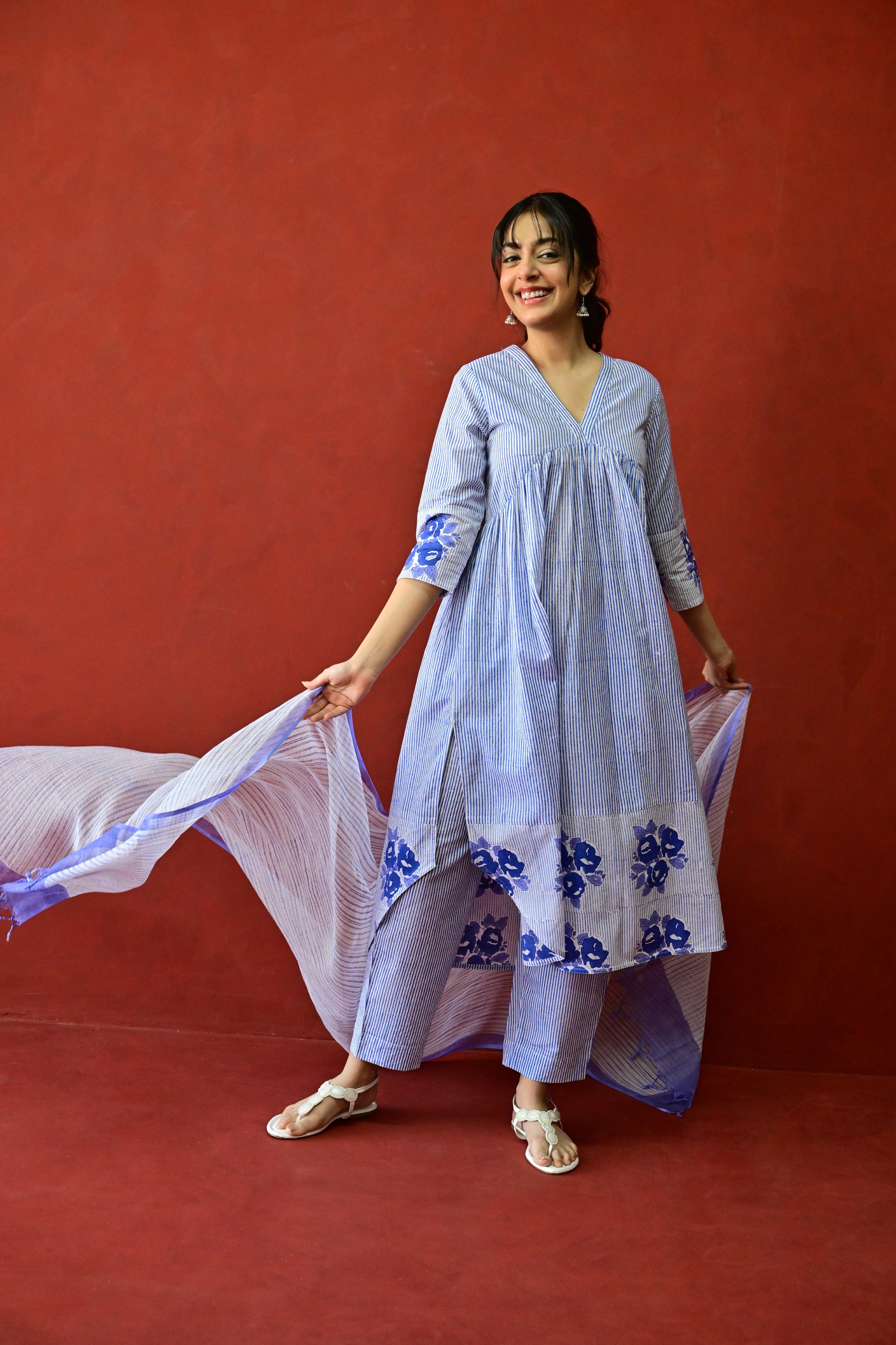 White & Blue Hand Block Printed Cotton Kurta Palazzo Set with Kota Doriya Dupatta