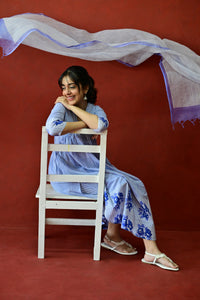 White & Blue Hand Block Printed Cotton Kurta Palazzo Set with Kota Doriya Dupatta