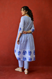 White & Blue Hand Block Printed Cotton Kurta Palazzo Set with Kota Doriya Dupatta