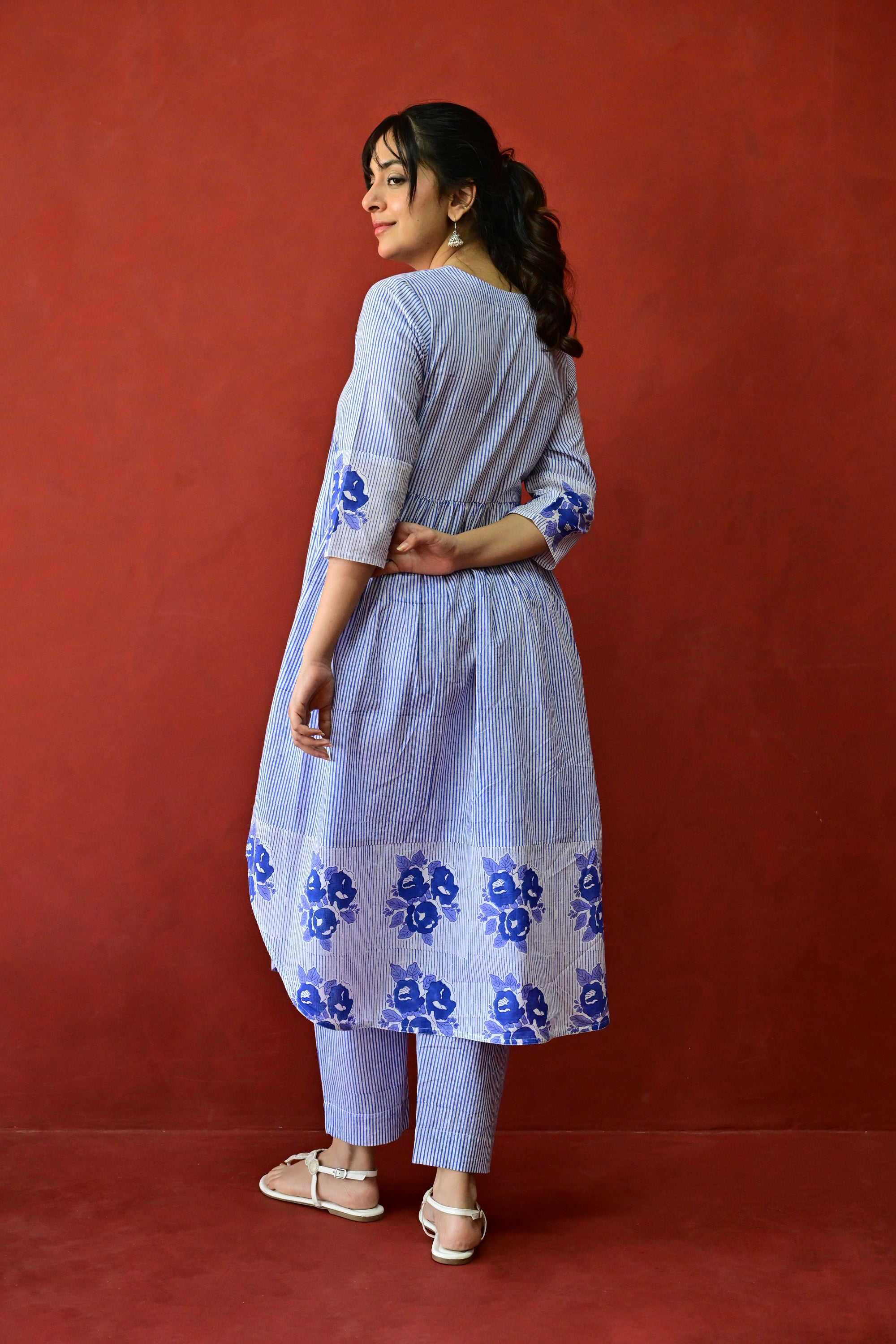 White & Blue Hand Block Printed Cotton Kurta Palazzo Set with Kota Doriya Dupatta