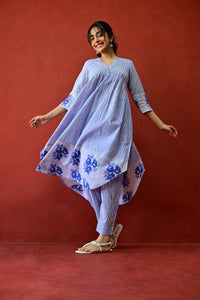 White & Blue Hand Block Printed Cotton Kurta Palazzo Set with Kota Doriya Dupatta