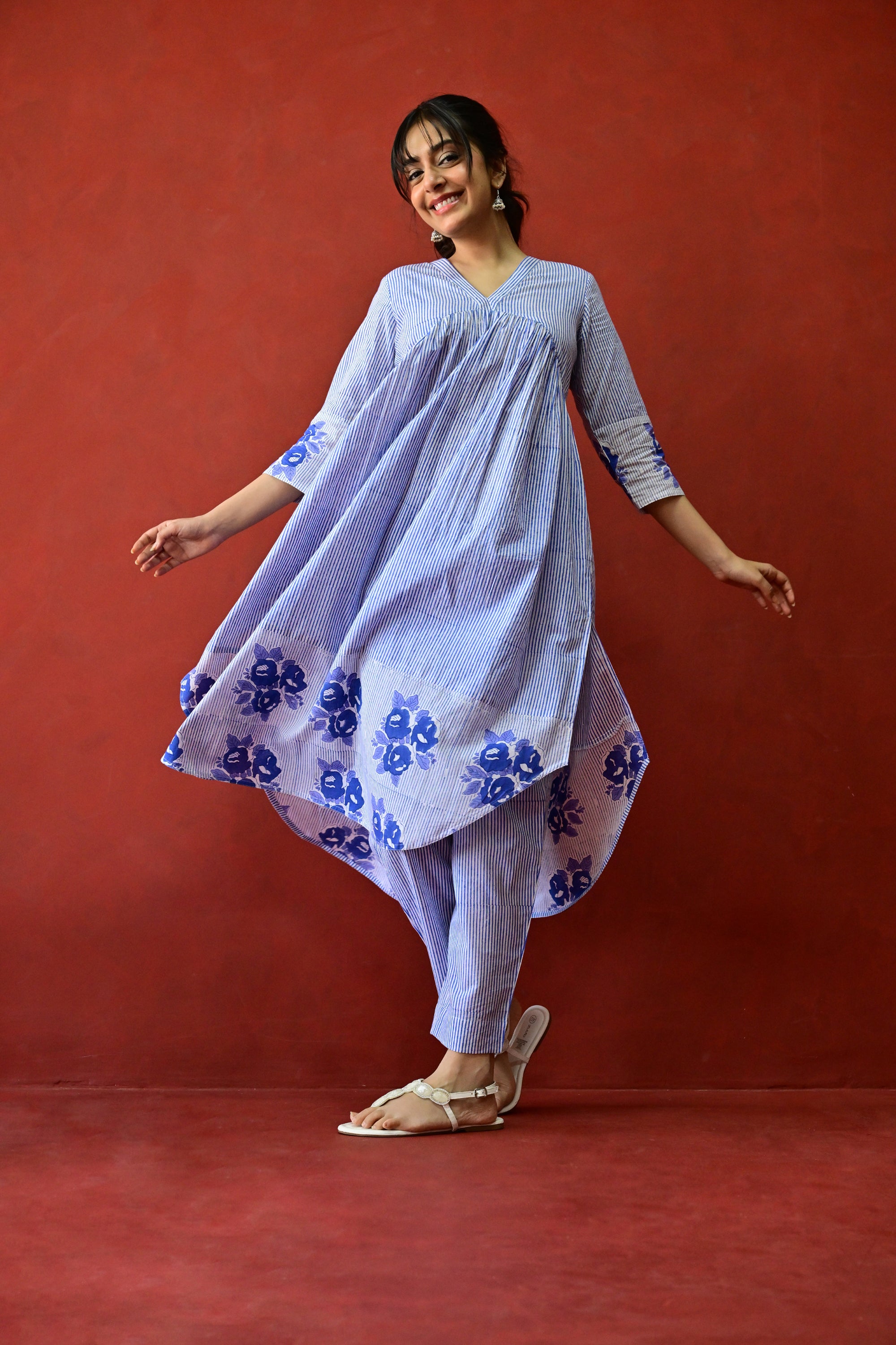 White & Blue Hand Block Printed Cotton Kurta Palazzo Set with Kota Doriya Dupatta