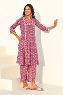 Purple Hand Block Printed Kurta Set with Pant- Set Of 2