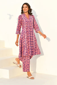 Purple Hand Block Printed Kurta Set with Pant- Set Of 2