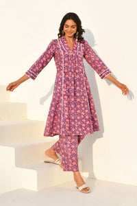 Purple Hand Block Printed Kurta Set with Pant- Set Of 2