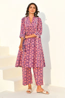 Purple Hand Block Printed Kurta Set with Pant- Set Of 2