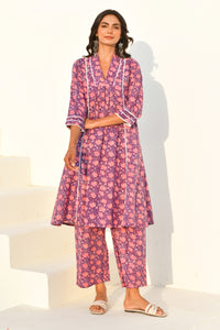 Purple Hand Block Printed Kurta Set with Pant- Set Of 2