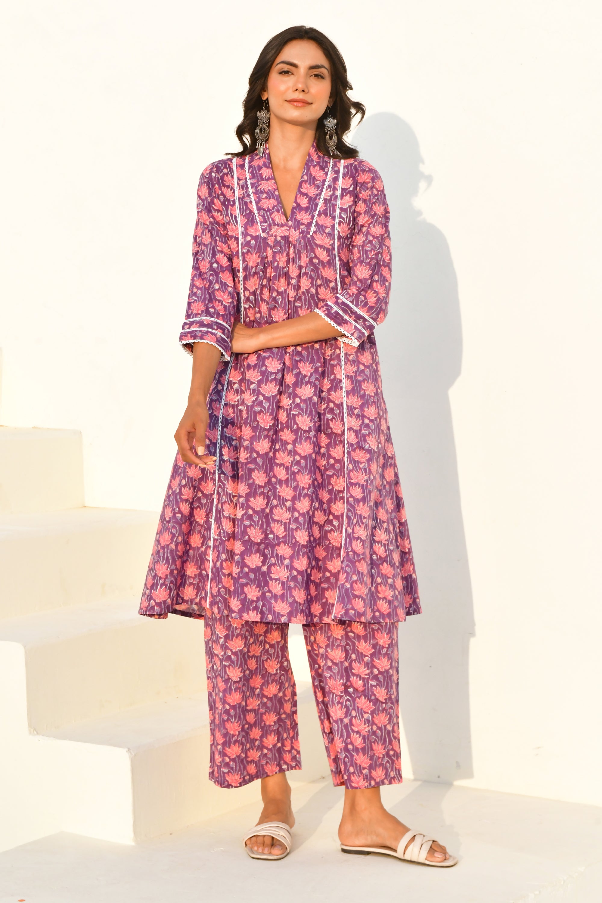 Purple Hand Block Printed Kurta Set with Pant- Set Of 2