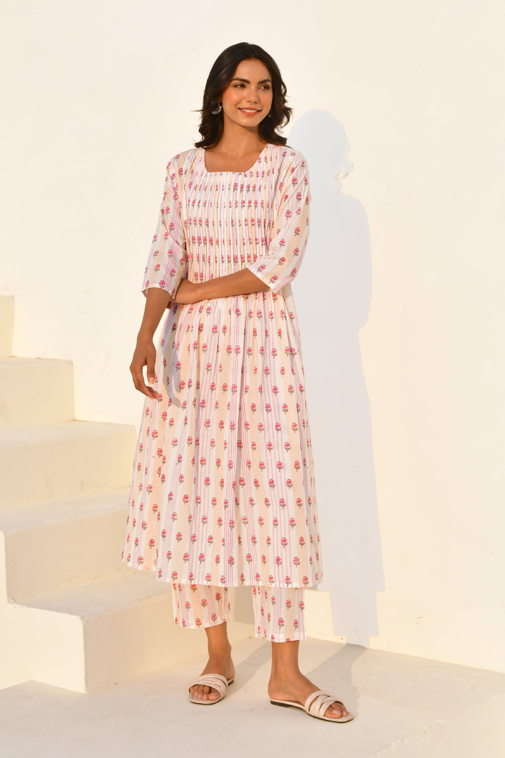 Peach Hand Block Printed Kurta Set with Pant- Set Of 2