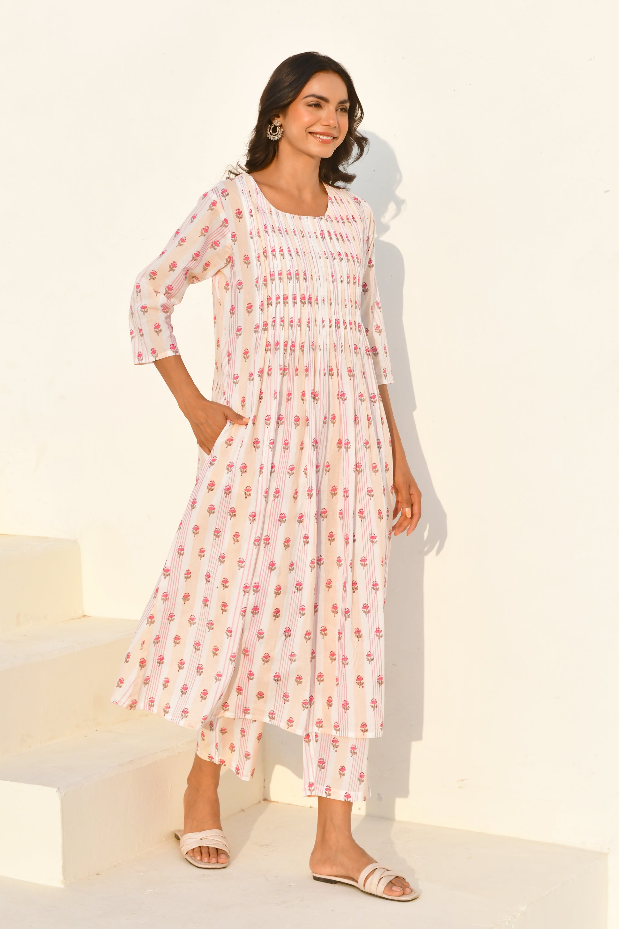 Peach Hand Block Printed Kurta Set with Pant- Set Of 2