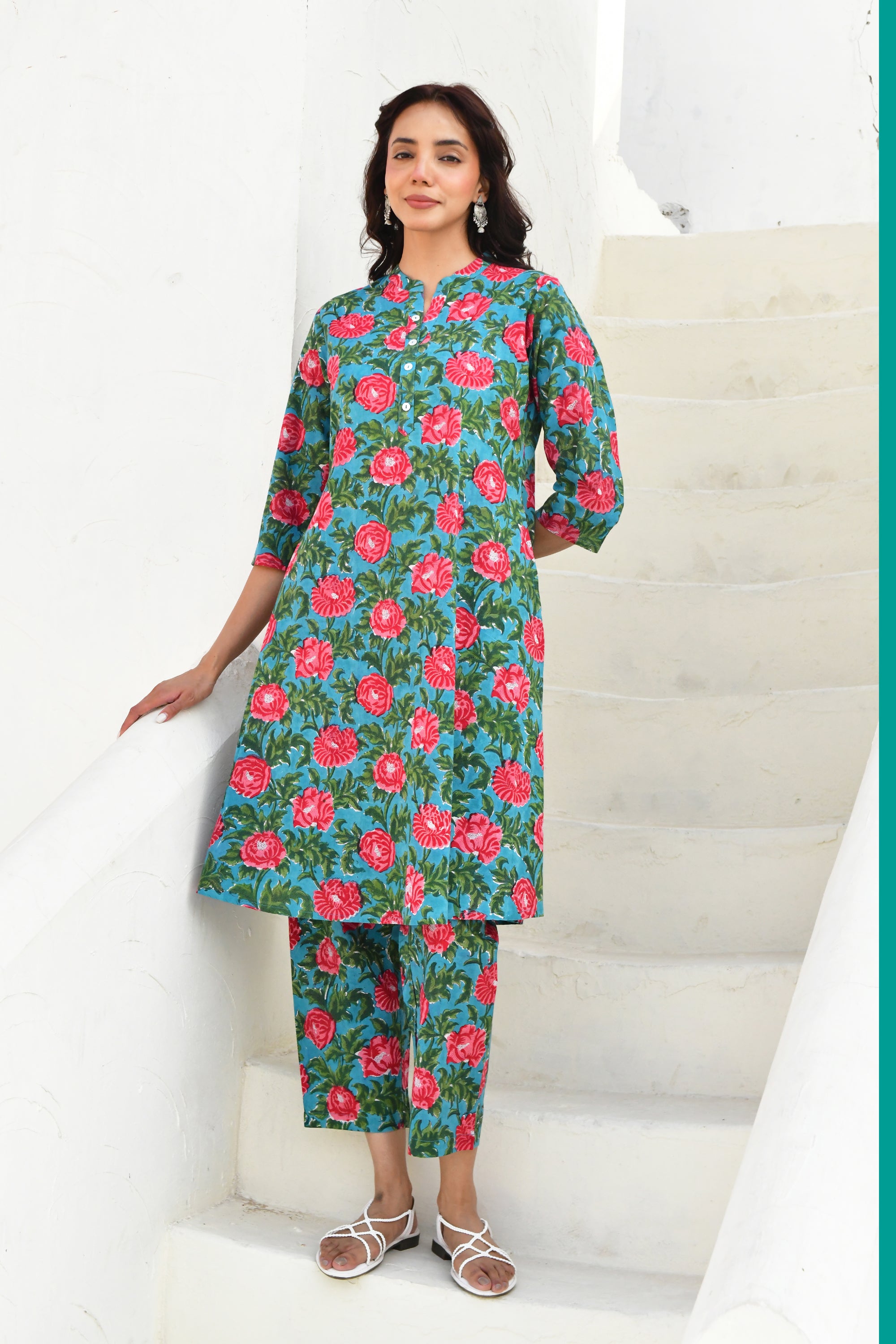 Red & Green Hand Block Printed Kurta Pant Set- Set Of 2