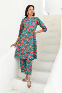Red & Green Hand Block Printed Kurta Pant Set- Set Of 2