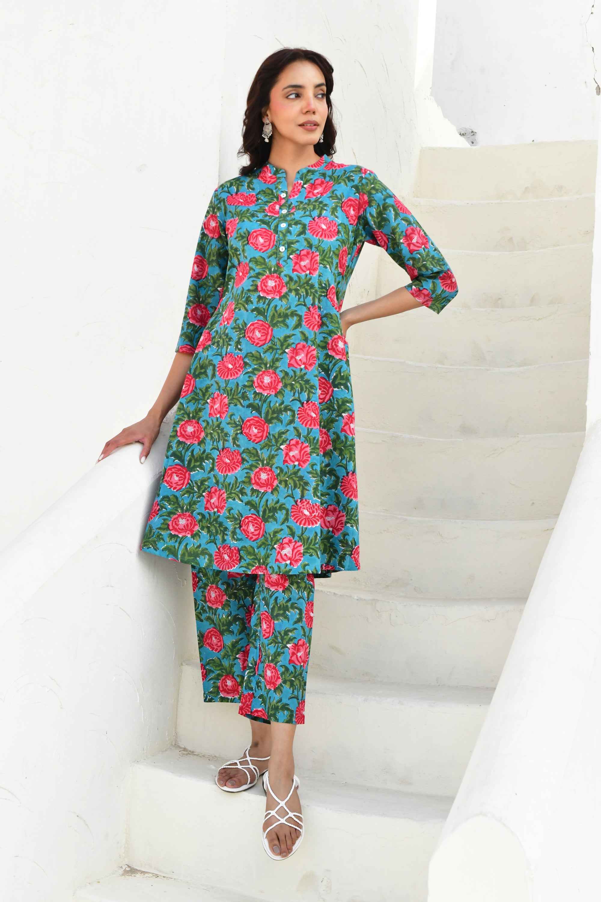 Red & Green Hand Block Printed Kurta Pant Set- Set Of 2