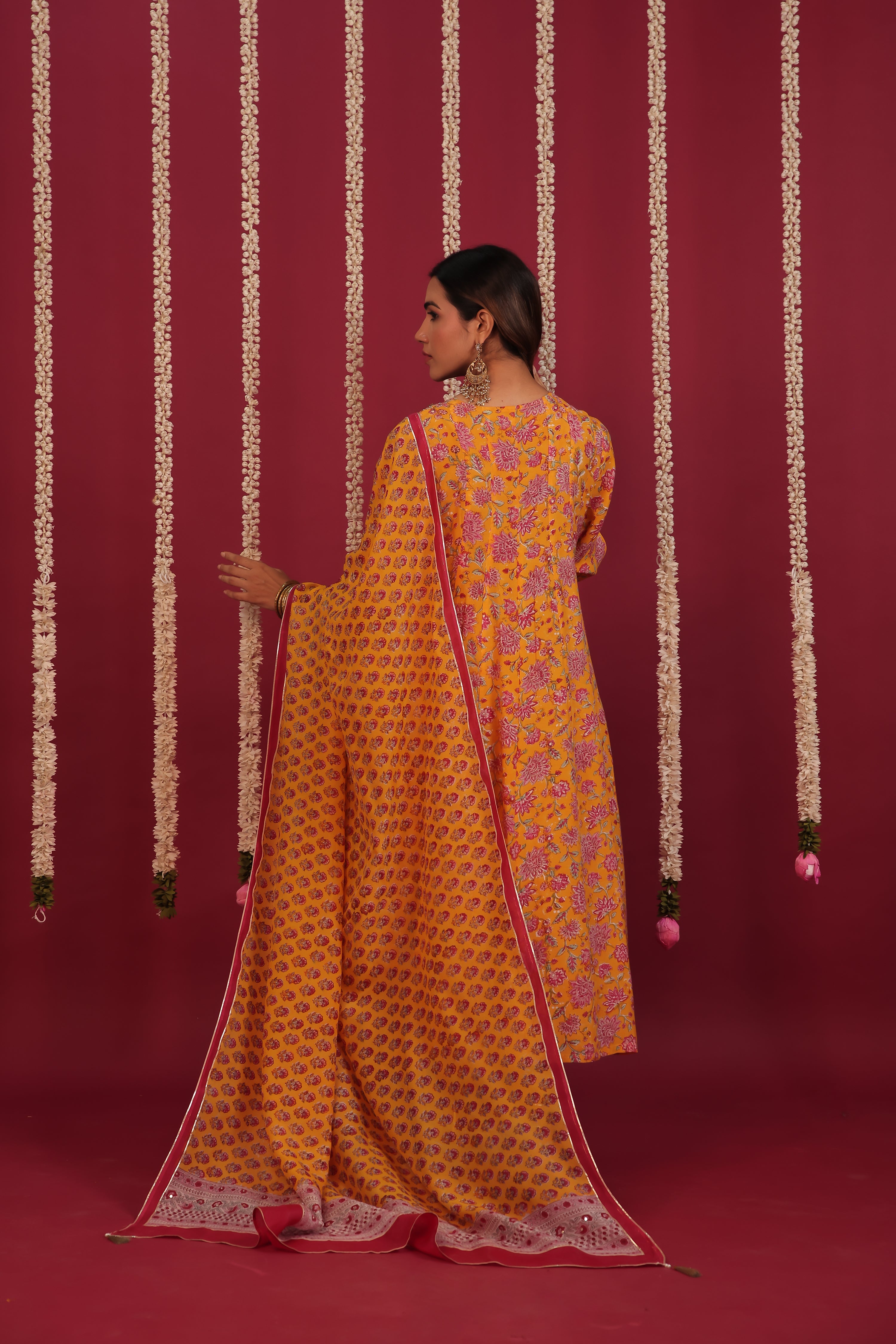 Yellow Hand- Block Embroidered Muslin Suit Set