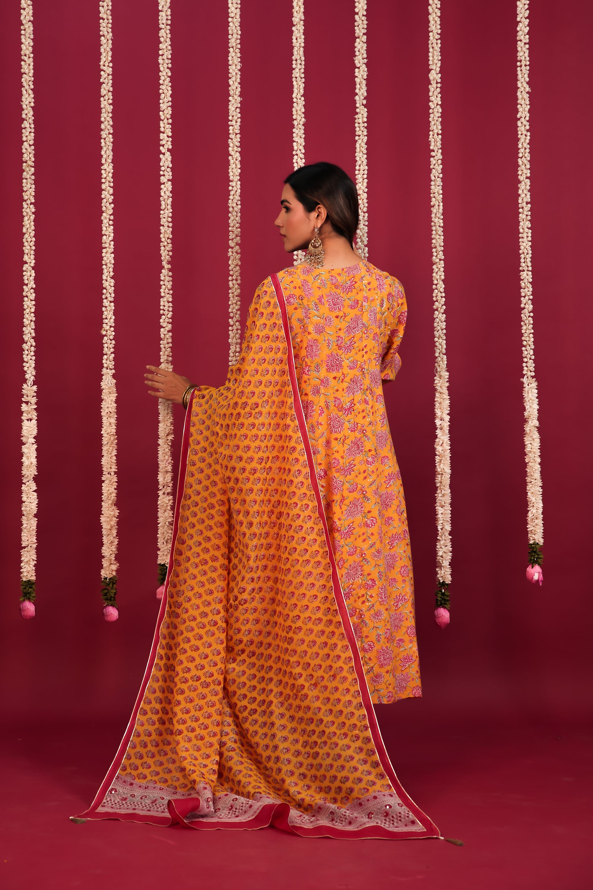 Yellow Hand- Block Embroidered Muslin Suit Set