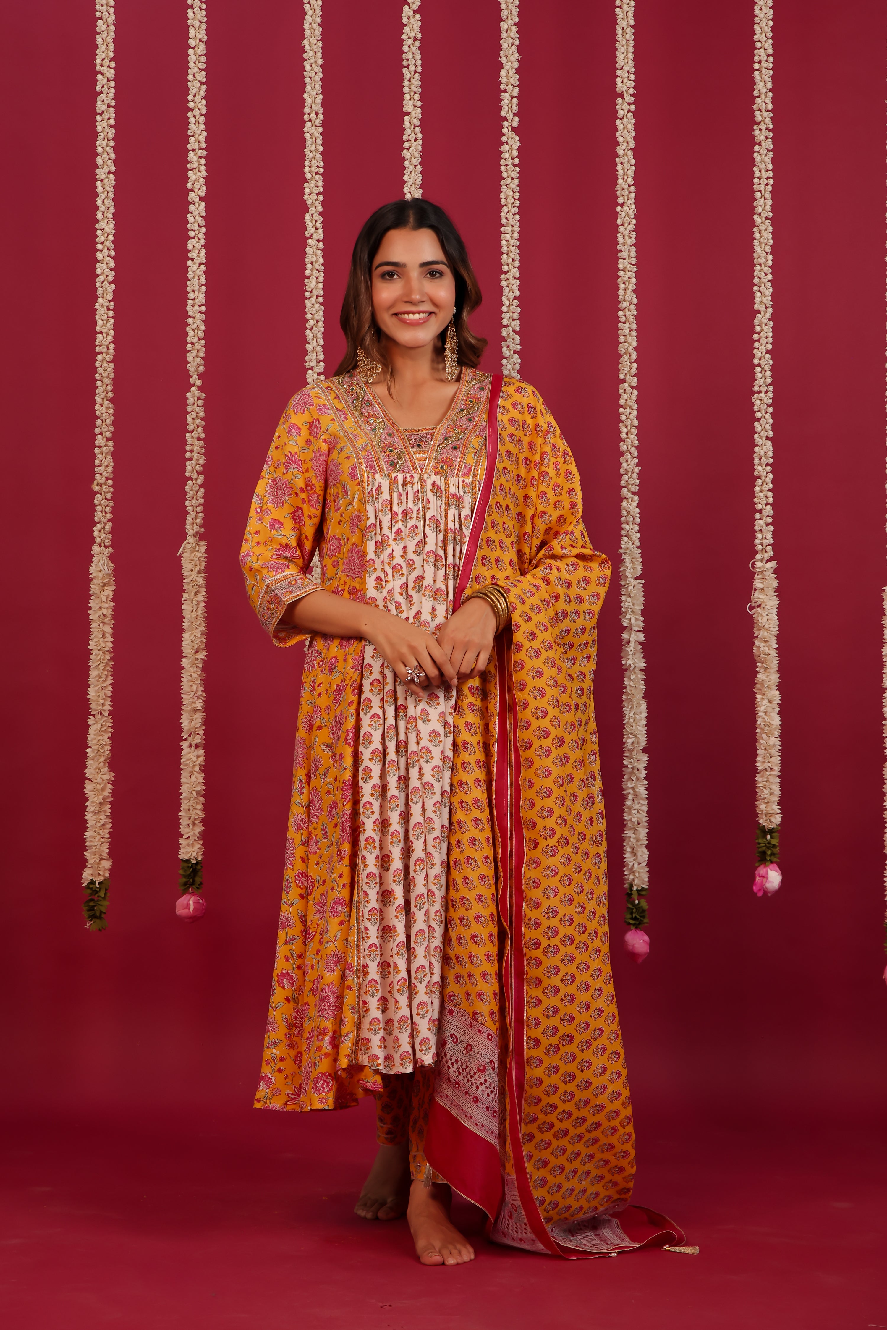 Yellow Hand- Block Embroidered Muslin Suit Set