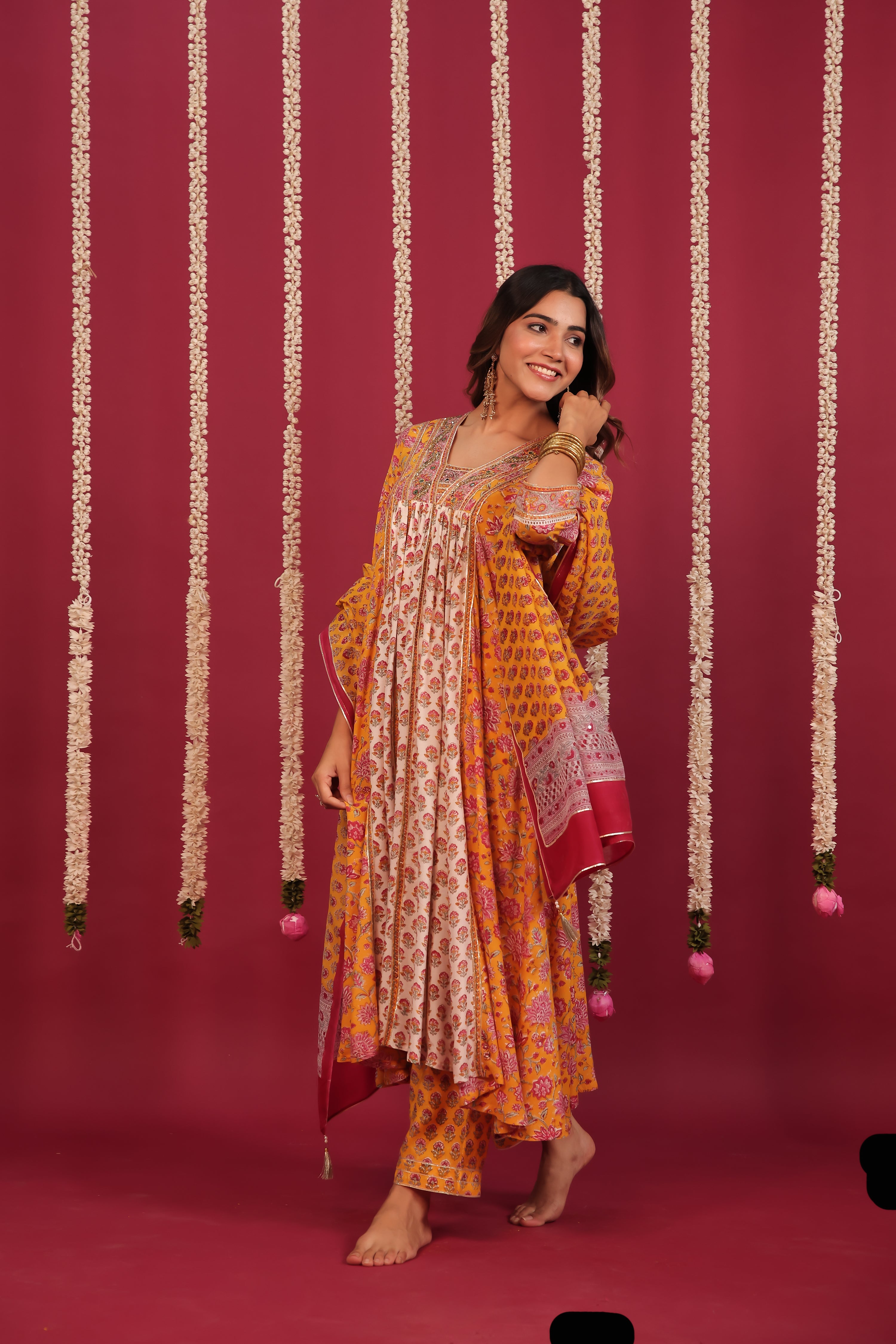 Yellow Hand- Block Embroidered Muslin Suit Set