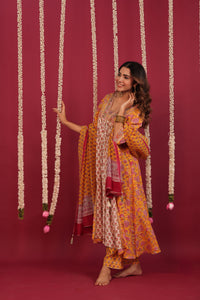 Yellow Hand- Block Embroidered Muslin Suit Set