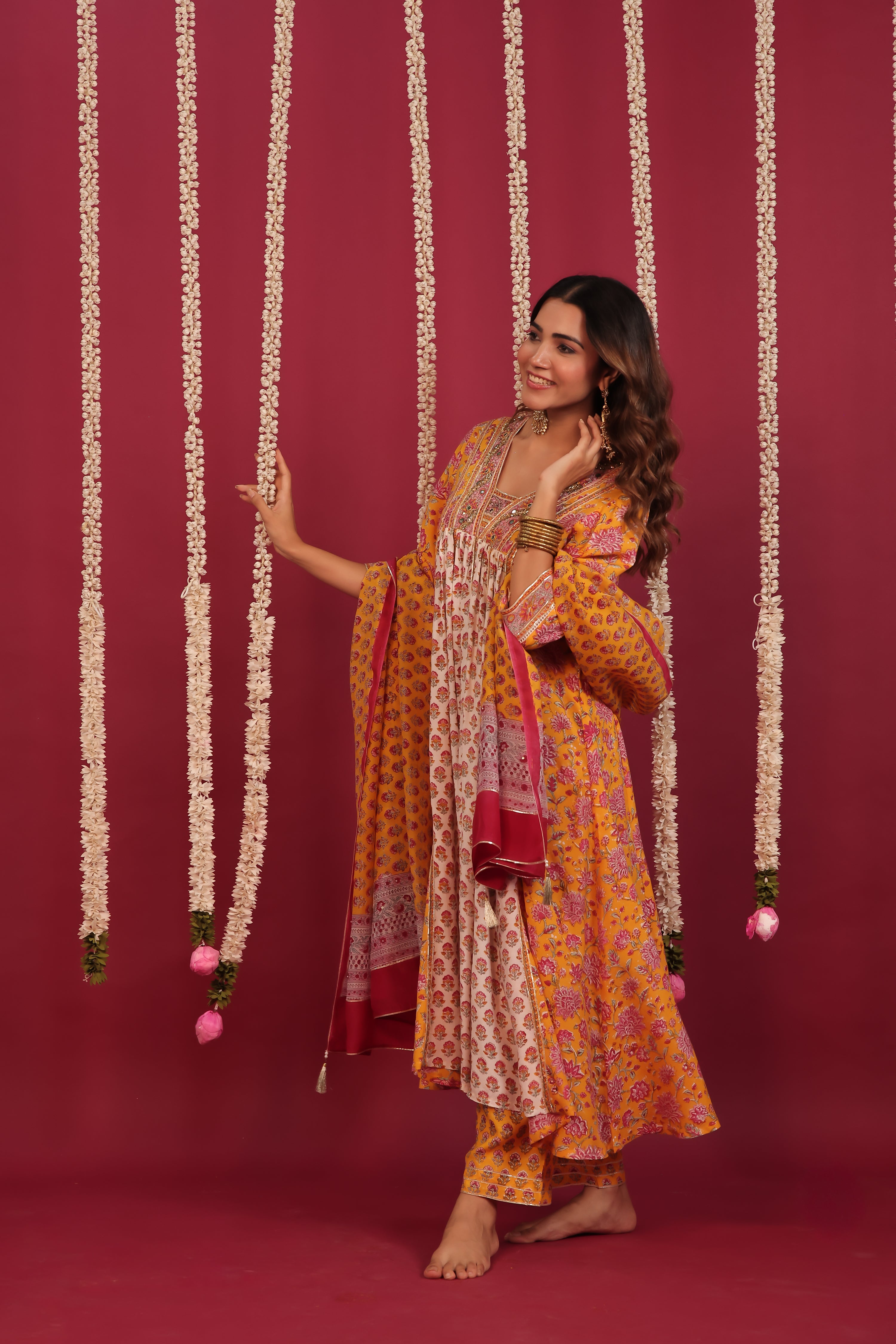 Yellow Hand- Block Embroidered Muslin Suit Set