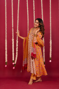 Yellow Hand- Block Embroidered Muslin Suit Set