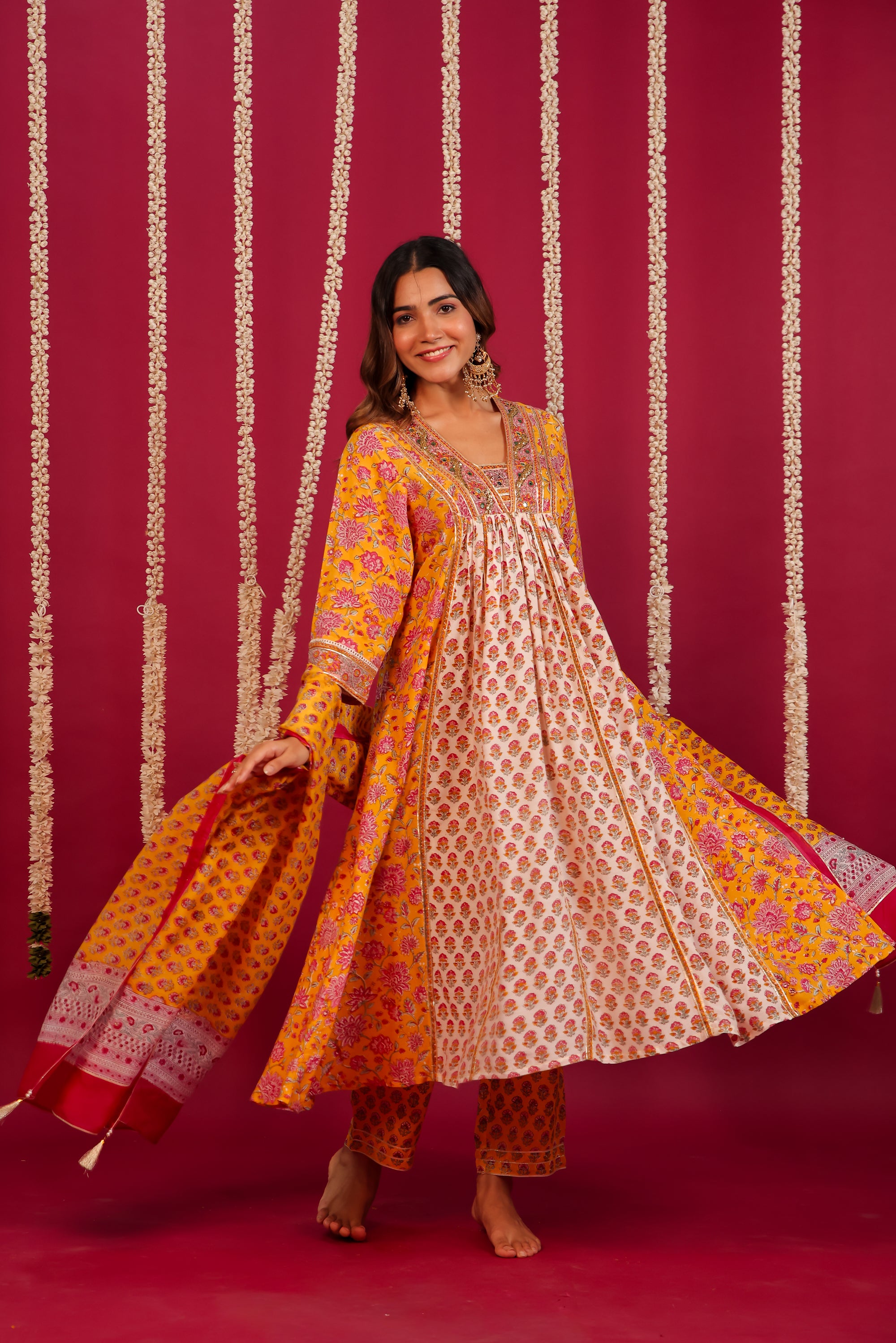 Yellow Hand- Block Embroidered Muslin Suit Set
