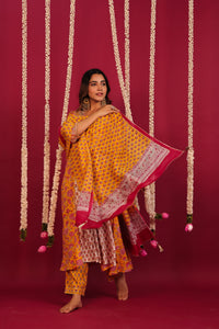 Yellow Hand- Block Embroidered Muslin Suit Set