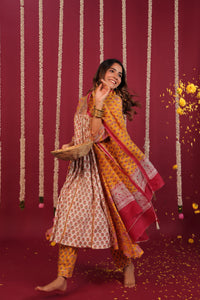 Yellow Hand- Block Embroidered Muslin Suit Set
