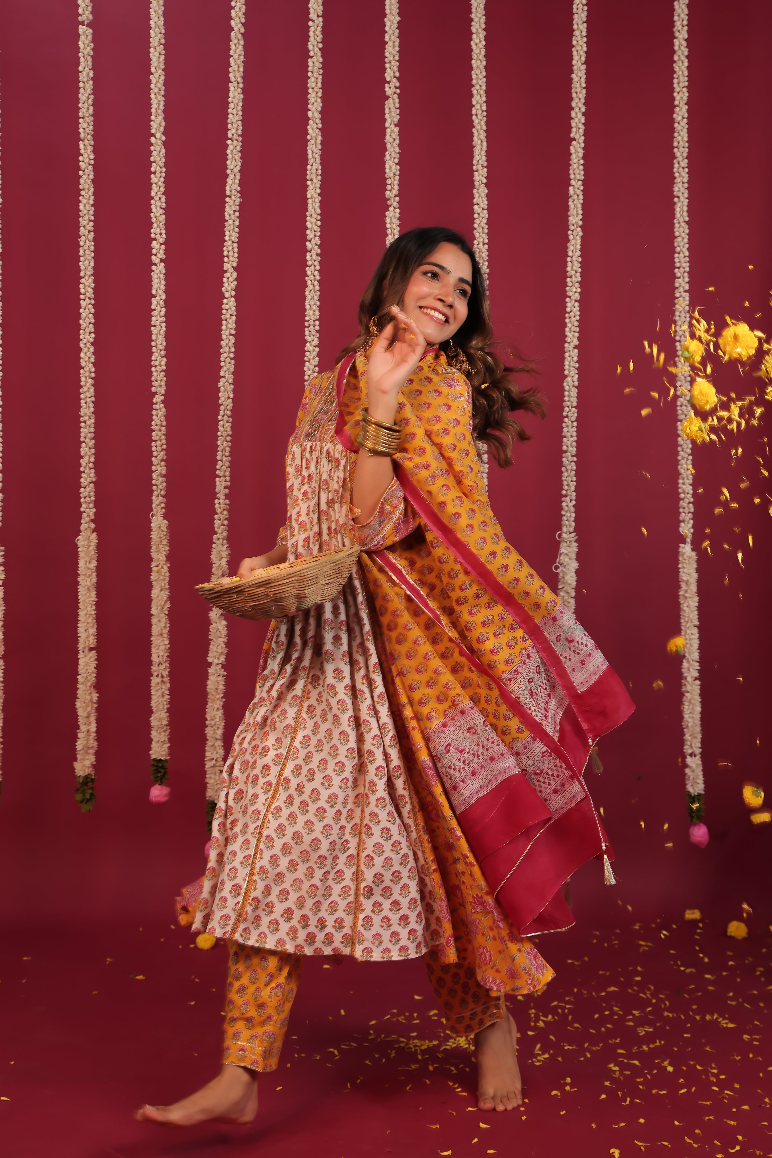 Yellow Hand- Block Embroidered Muslin Suit Set