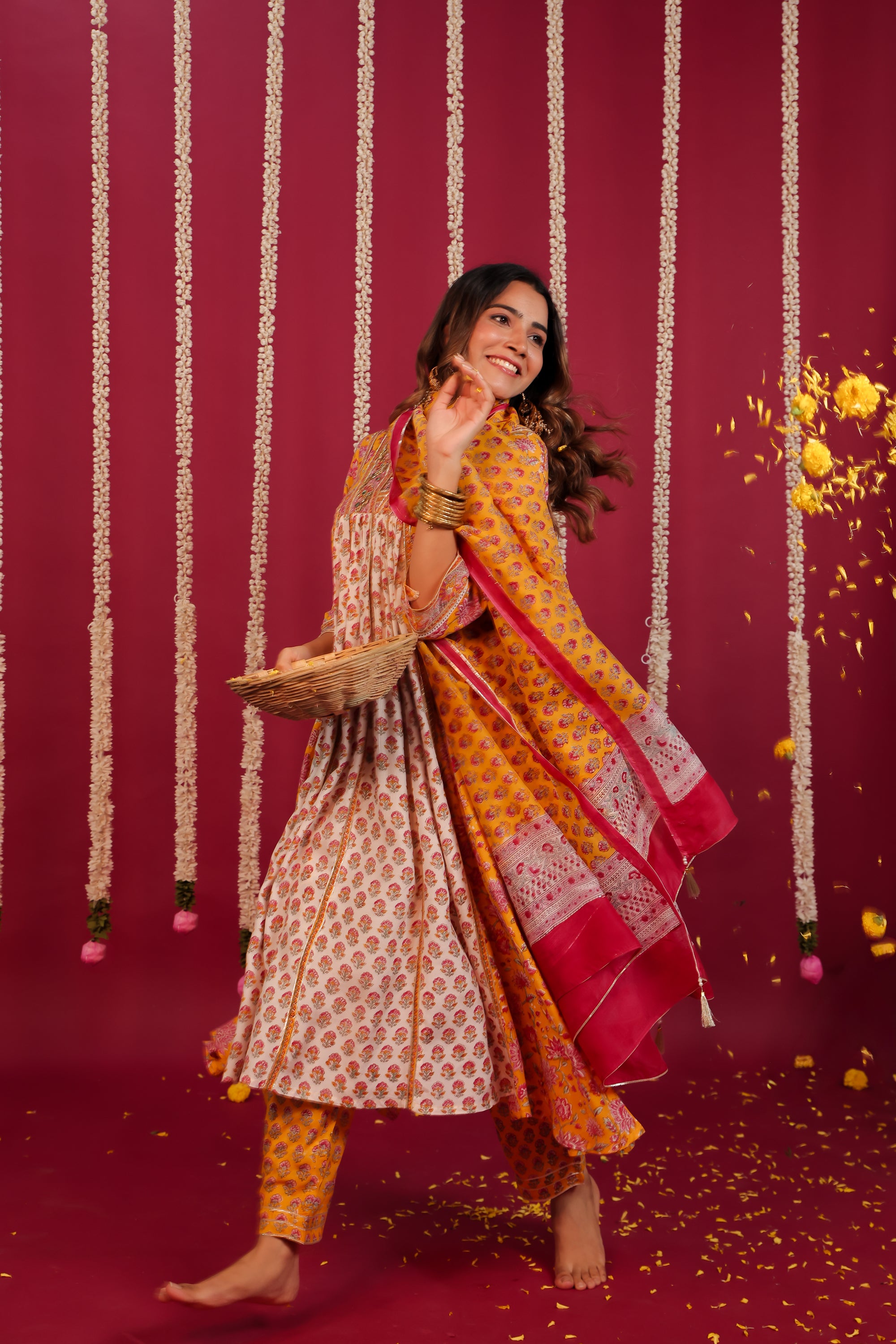 Yellow Hand- Block Embroidered Muslin Suit Set