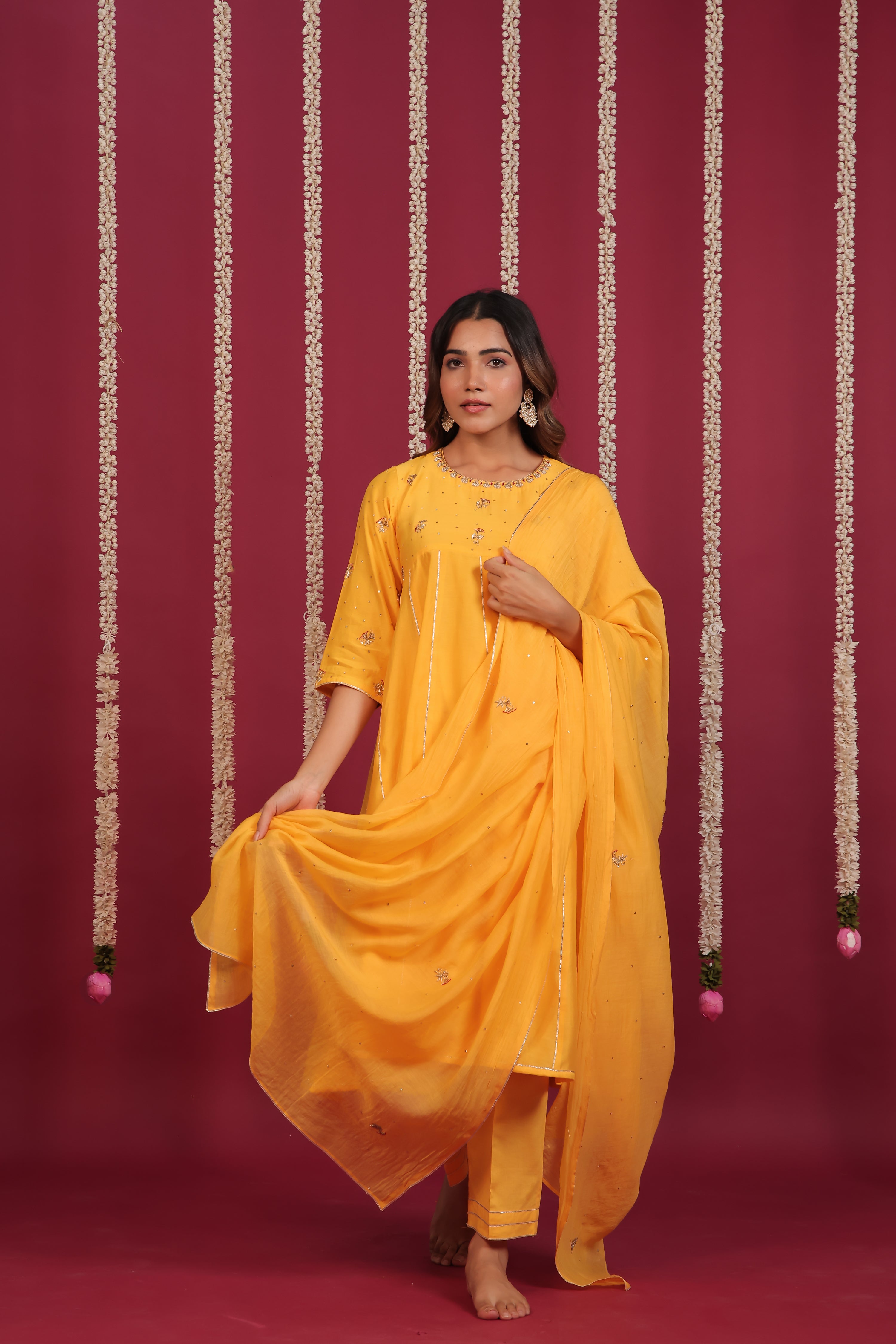 Mango Yellow Chanderi Hand-Embroidered Suit Set