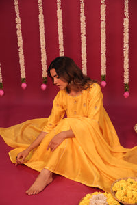 Mango Yellow Chanderi Hand-Embroidered Suit Set
