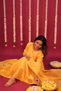 Mango Yellow Chanderi Hand-Embroidered Suit Set