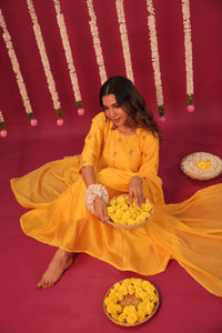Mango Yellow Chanderi Hand-Embroidered Suit Set