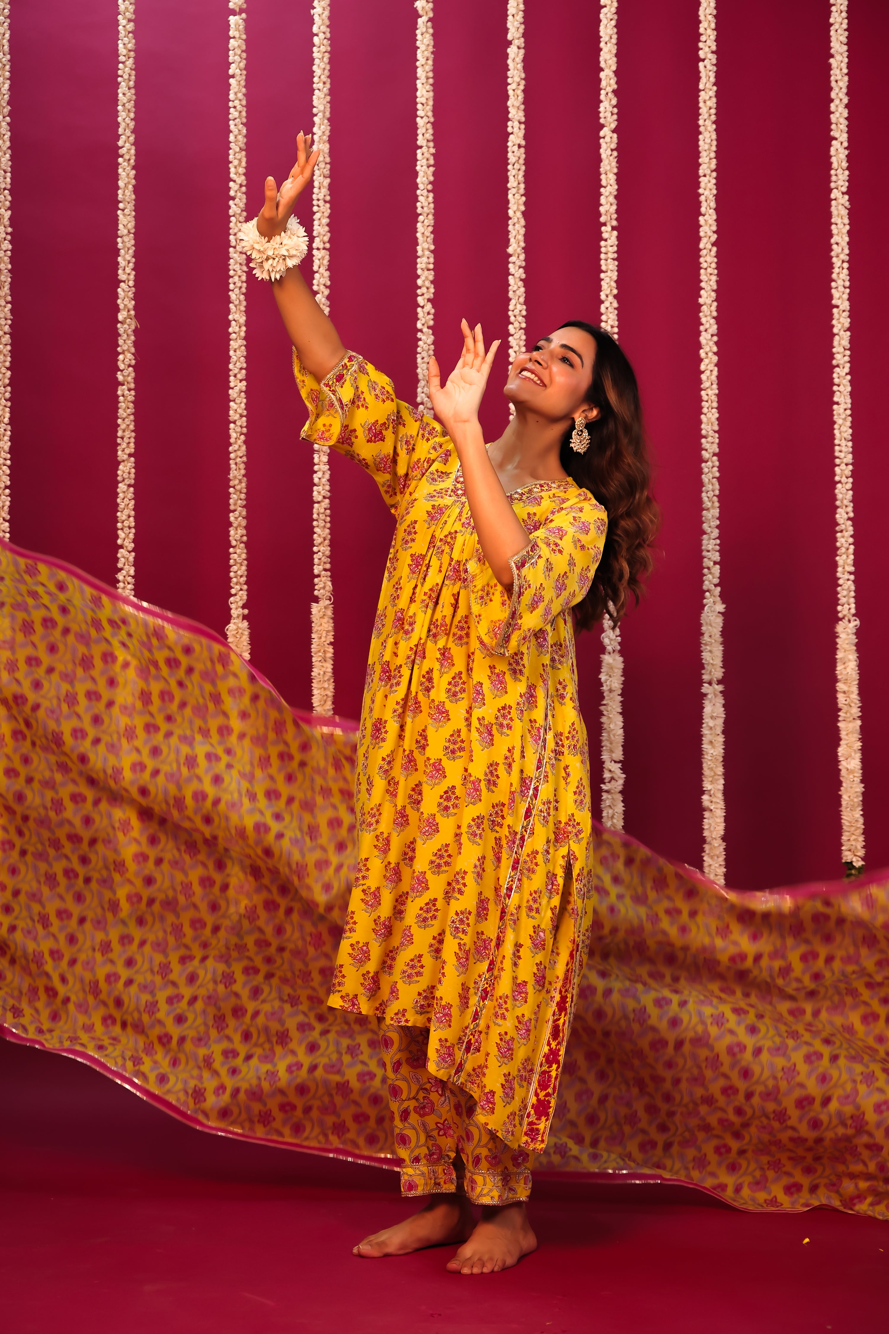Haldi Yellow Hand-Block Embroidered Maslin Suit Set